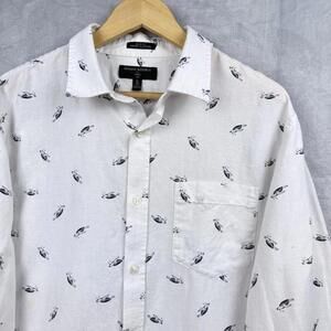 Banana Republic Slim Fit Linen Cotton Shirt Sz XL White Turtle Print Long Sleeve